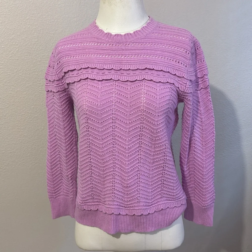 J.Crew Crewneck Scalloped Pointelle Lavender Knit Wool Blend Women's Sweater